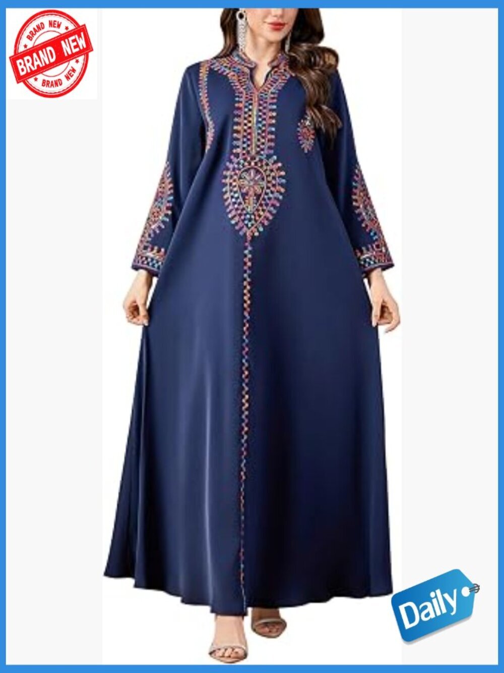 Embroidered Floral Maxi Long Sleeve Muslim Prayer Dress Abaya Kaftan